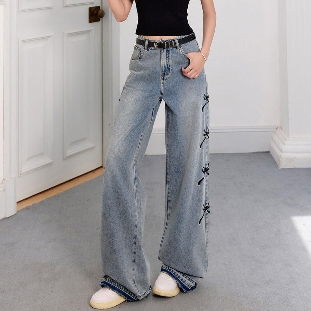 Women's Vintage Denim Jeans High Waist Baggy Straight Casual Y2K - Picture 2 of 9